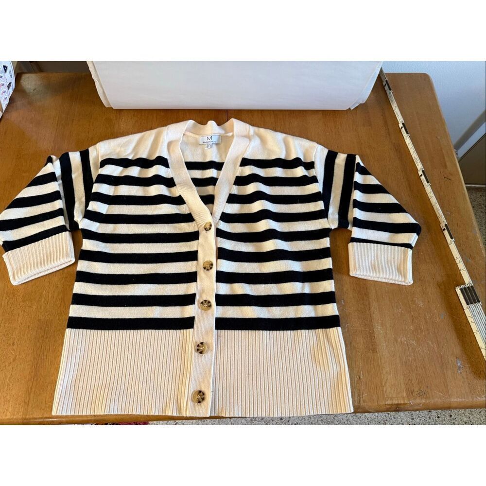 Magaschoni Striped Open Front Cardigan Sweater Beige Women's XL